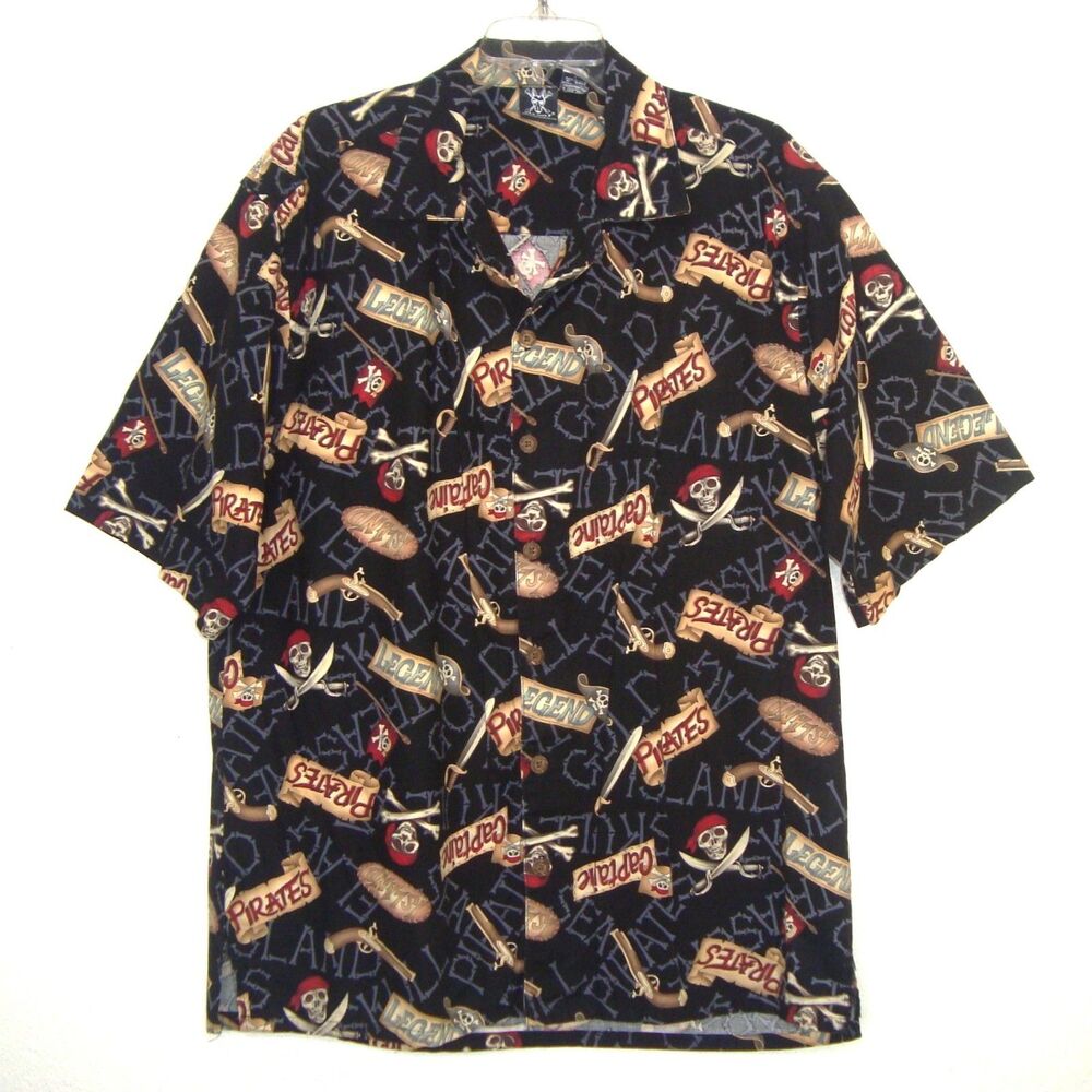 SEA WOLF Mens Pirates Button Up Shirt Size L Skull Crossbones Swords Gold Island